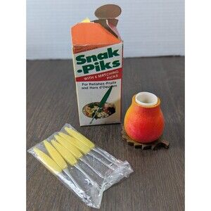 VTG Snak Piks Appetizer Picks and Holder Yellow Orange Ombre Retro MCM 60s 70s